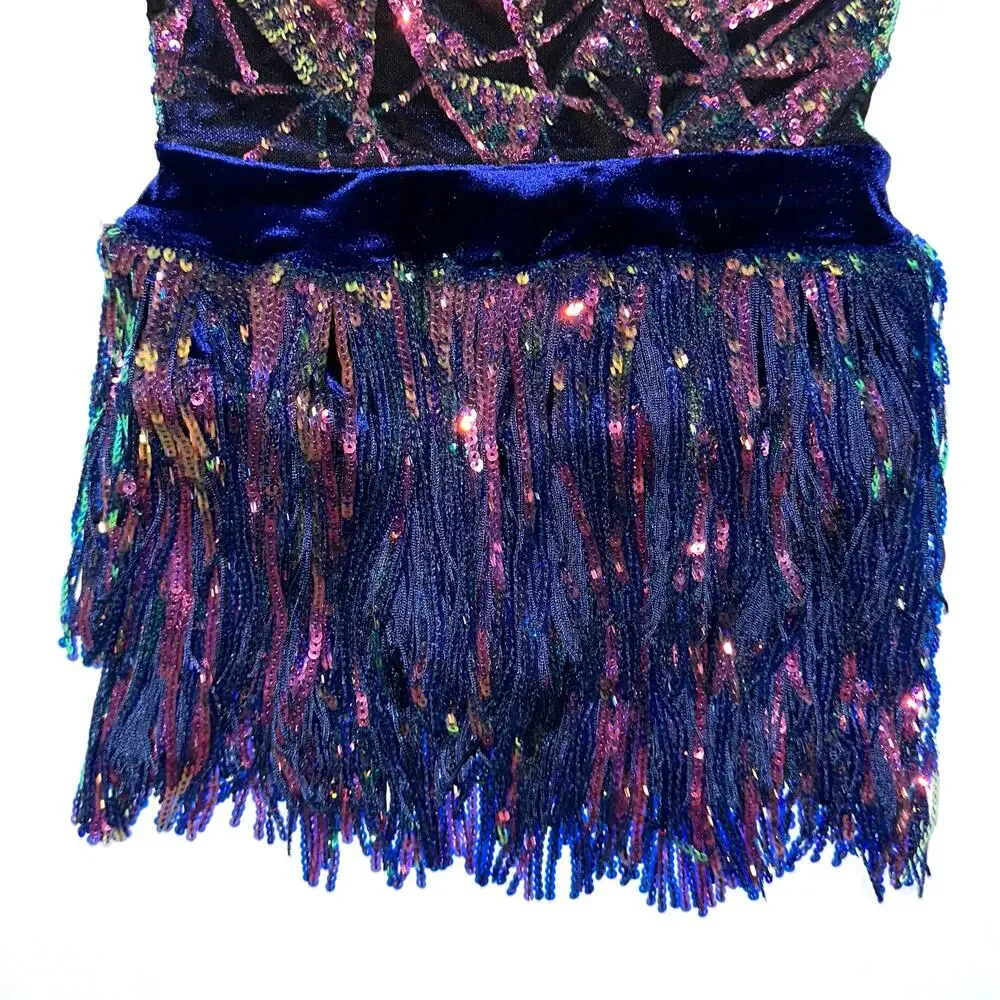 Weissman Showtime Girls ‘Misbehave’ Dance Blue Velvet Sequin Fringe Dress SC